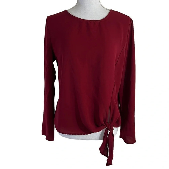 Aqua Dark Red Blouse Size Medium Semi Sheer Knotted Hem Tie Chiffon Long Sleeves - Picture 1 of 7